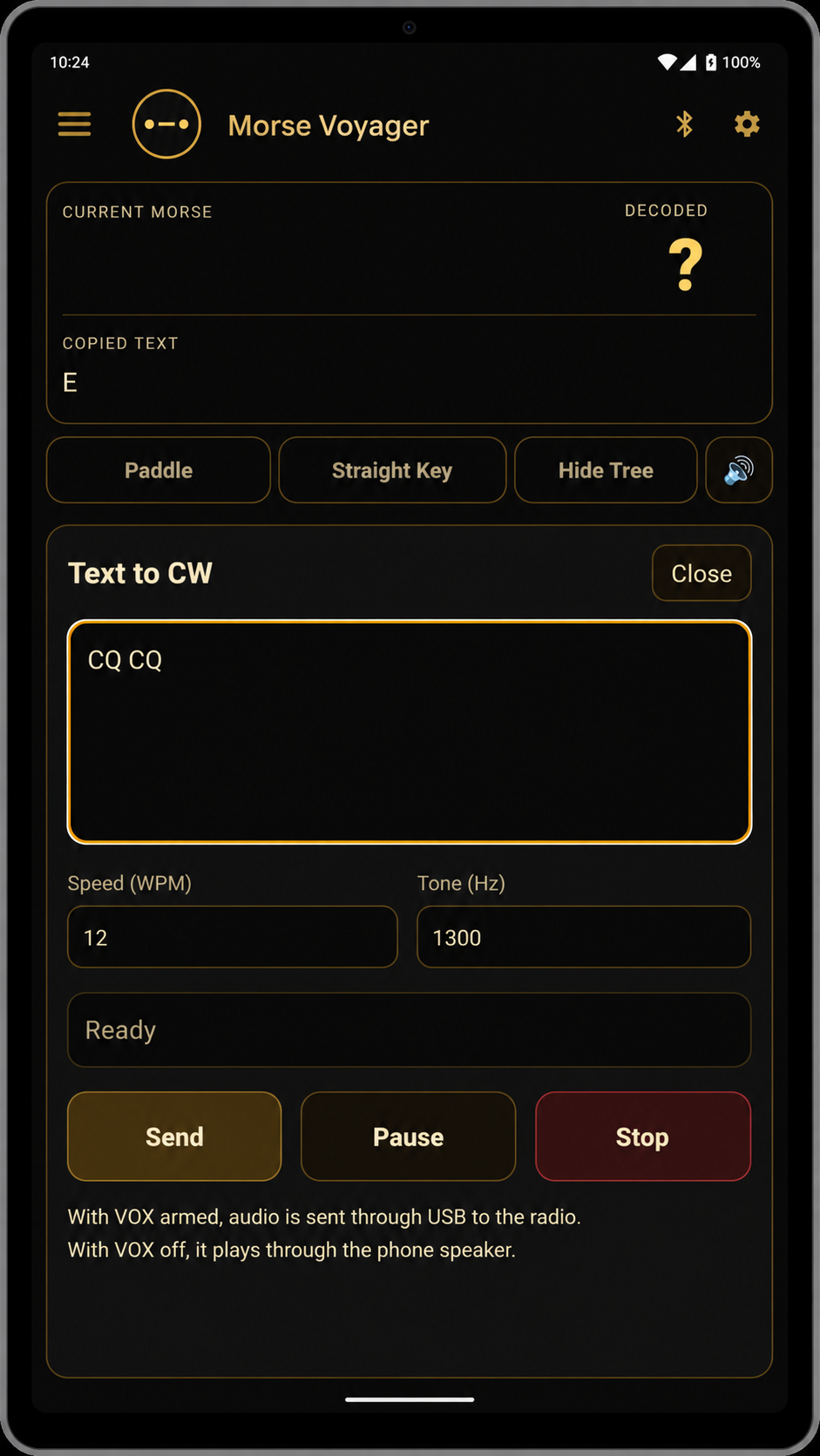 Morse Code Trainer reference and prosigns screen